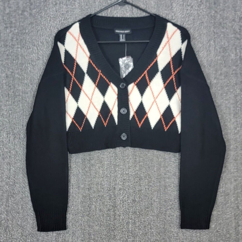 Streetwear Society Sweater Womens Small Black White Argyle Cropped Cardigan